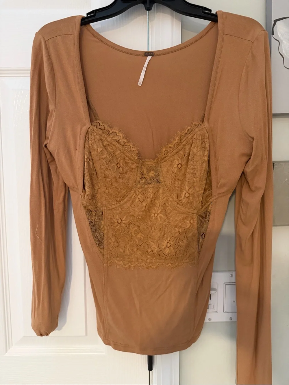 Free People Lace-Front Long Sleeve Tee in Camel